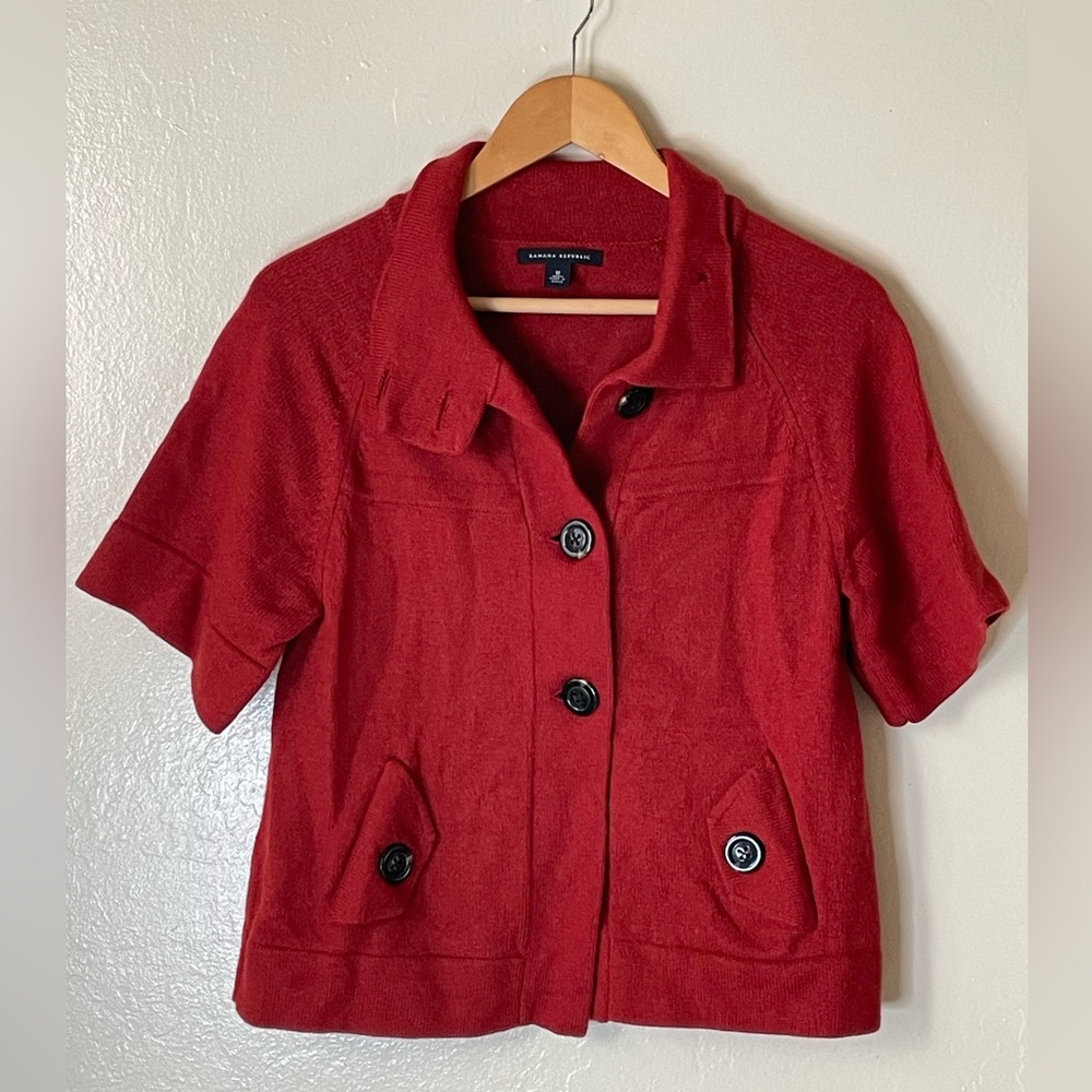 Banana Republic women red wool high neck short sleeve cardigan